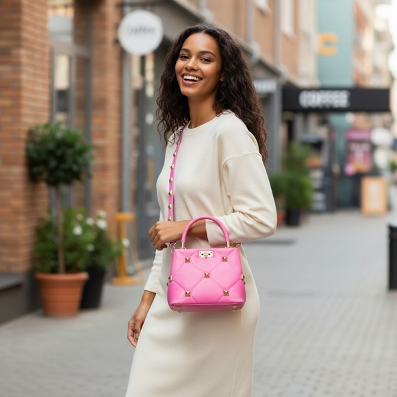 Royal Pink Diamond Quilted Studded Top Handle Shoulder Bag - Picture 1 of 4
